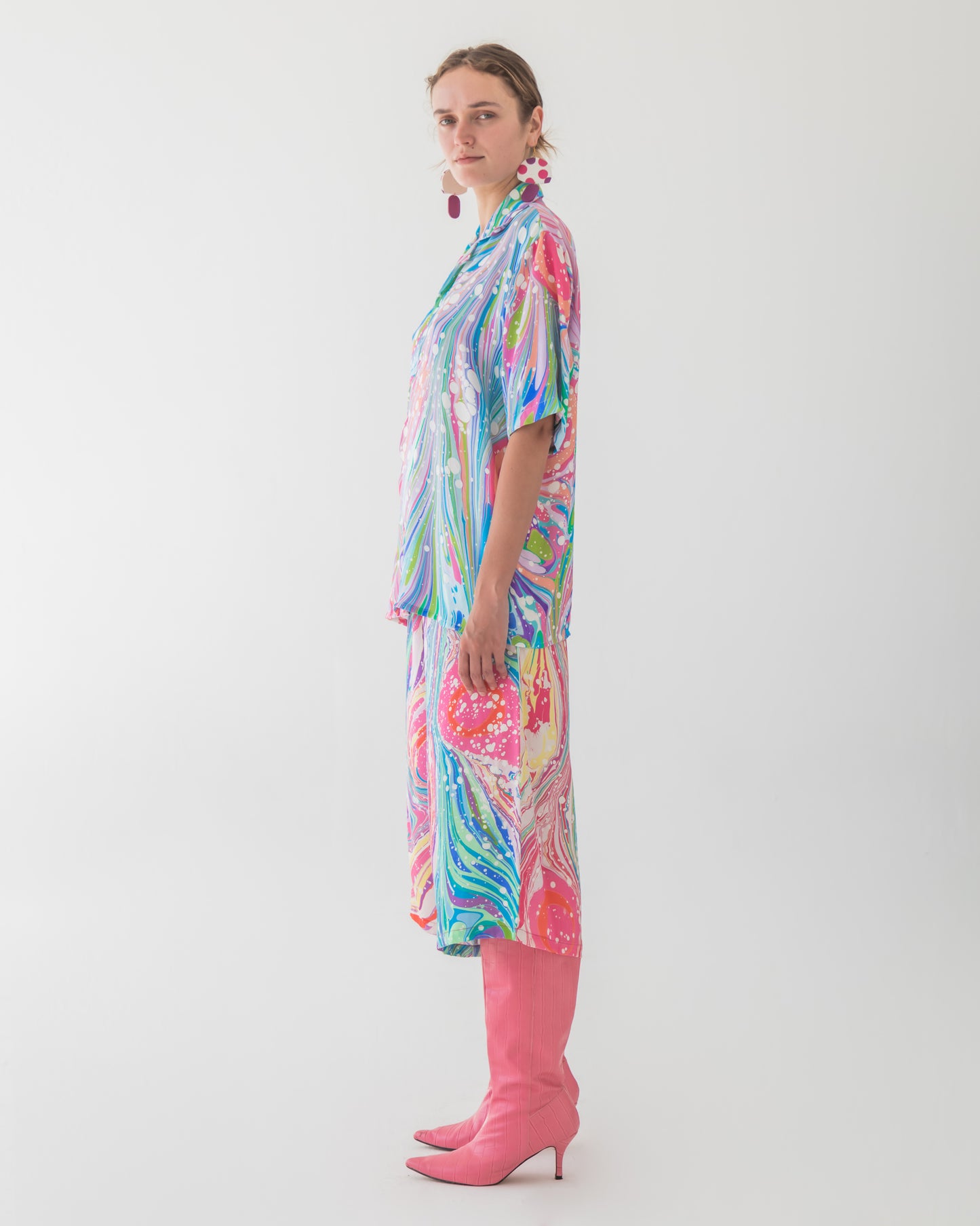 Silk satin bowling shirt in hand marbled rainbow