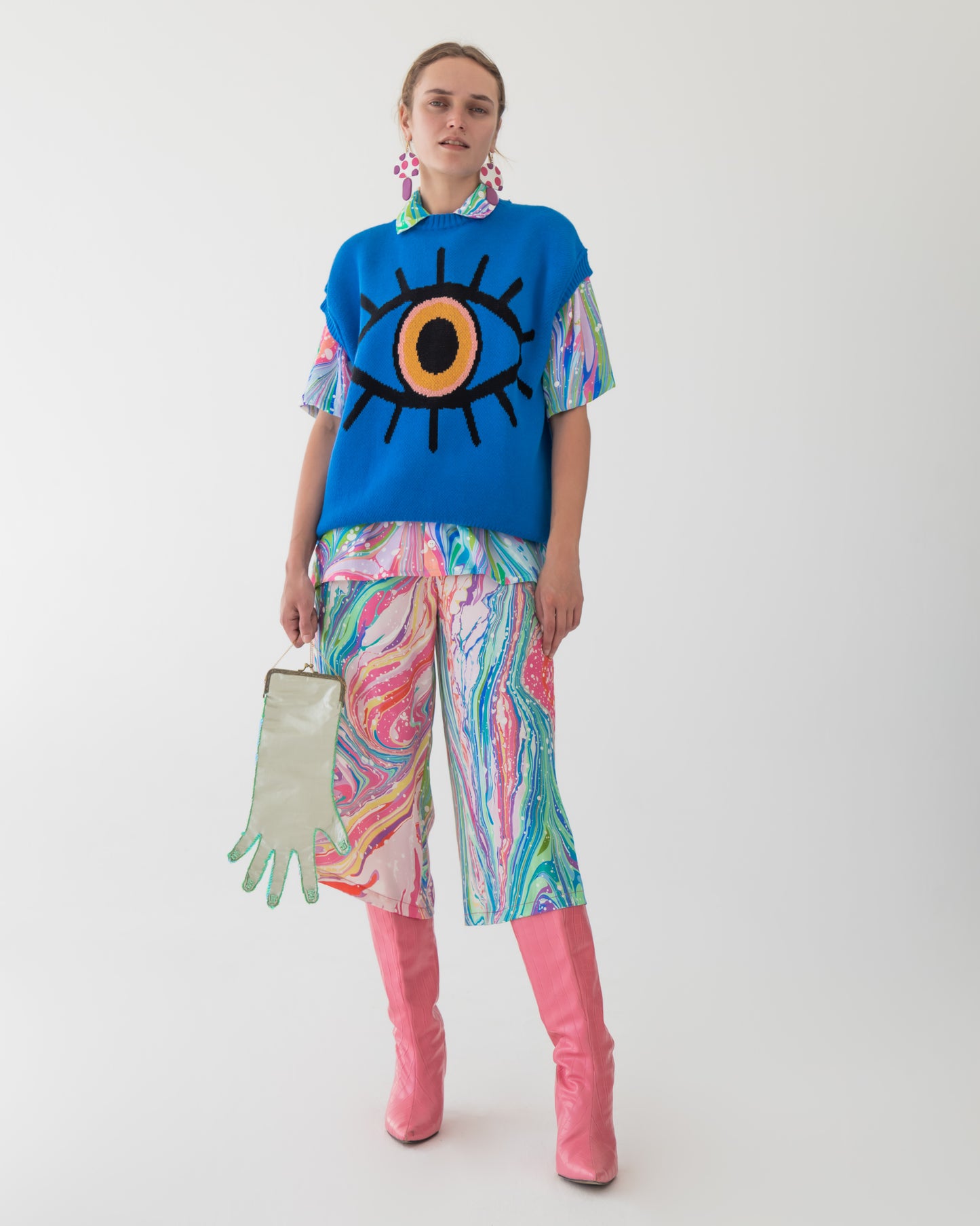 Silk satin bowling shirt in hand marbled rainbow